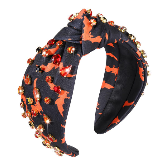 Halloween Headband for Women Pumpkin Witch Hat Charm Knotted Headband Pearl Crystal Embellished Skull Print Top Knot Hairband (E Bat Print Knotted23919)