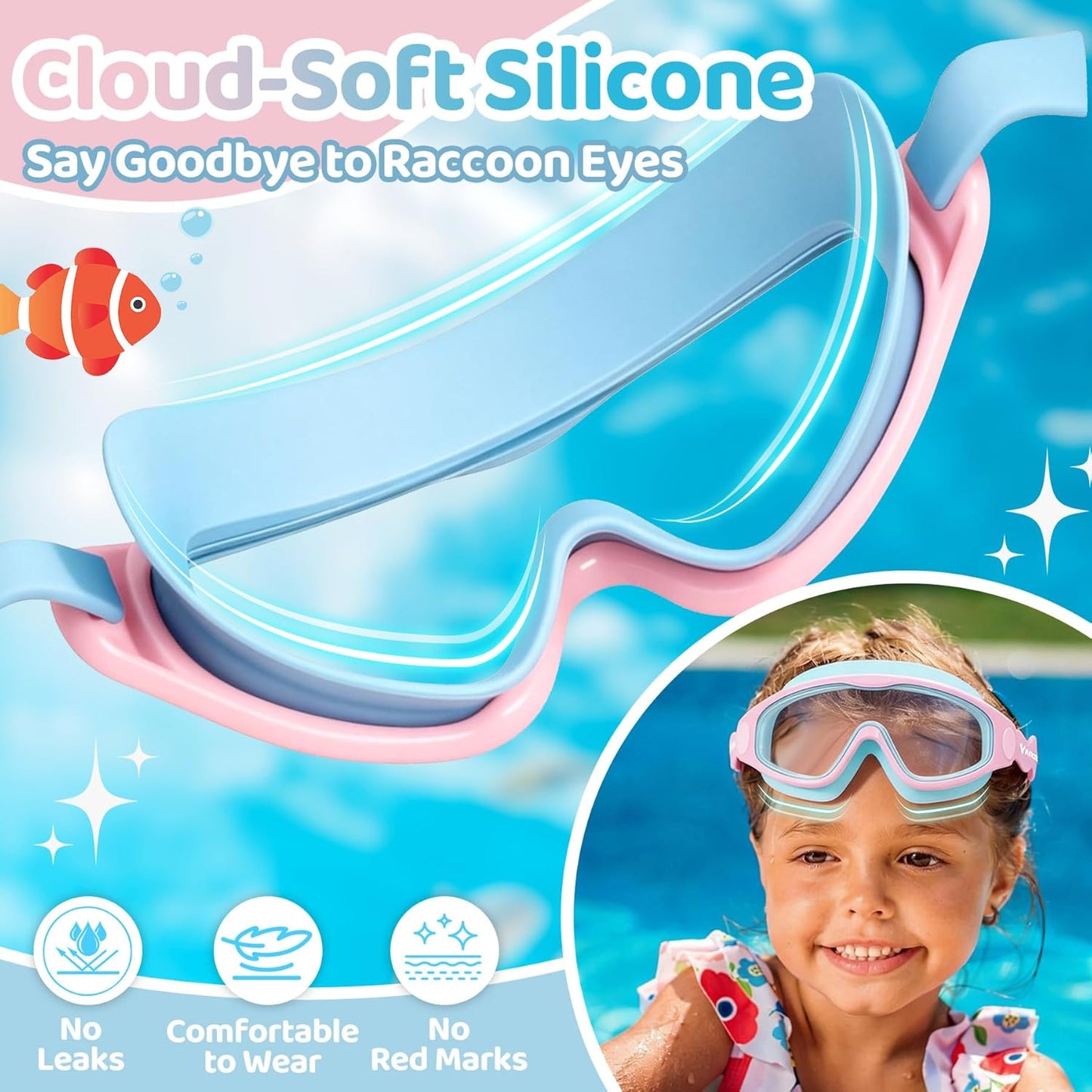 Vvinca Kids Swim Goggles - Anti-Fog, Leak-Free Design with Soft Wave-Shape Strap | 2 Pack for Ages 3-15