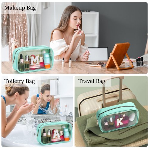 YOOLIFE Initial Clear Makeup Pouch, Clear Makeup Bag Cosmetic Travel Beach Toiletry Bag Travel Essentials Gifts for Women Teen Girlfriend Teacher Mom Birthday Gift for Women Teen Zipper Pouch Blue A