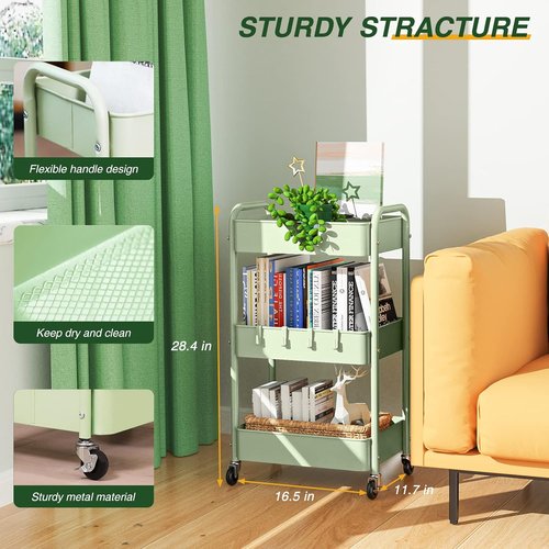 LEHOM 3-Tier Rolling Storage Cart - Metal Utility Trolley with Wheels & Hooks for Easy Organization | Ideal for Bathroom, Kitchen, Office, Bedroom