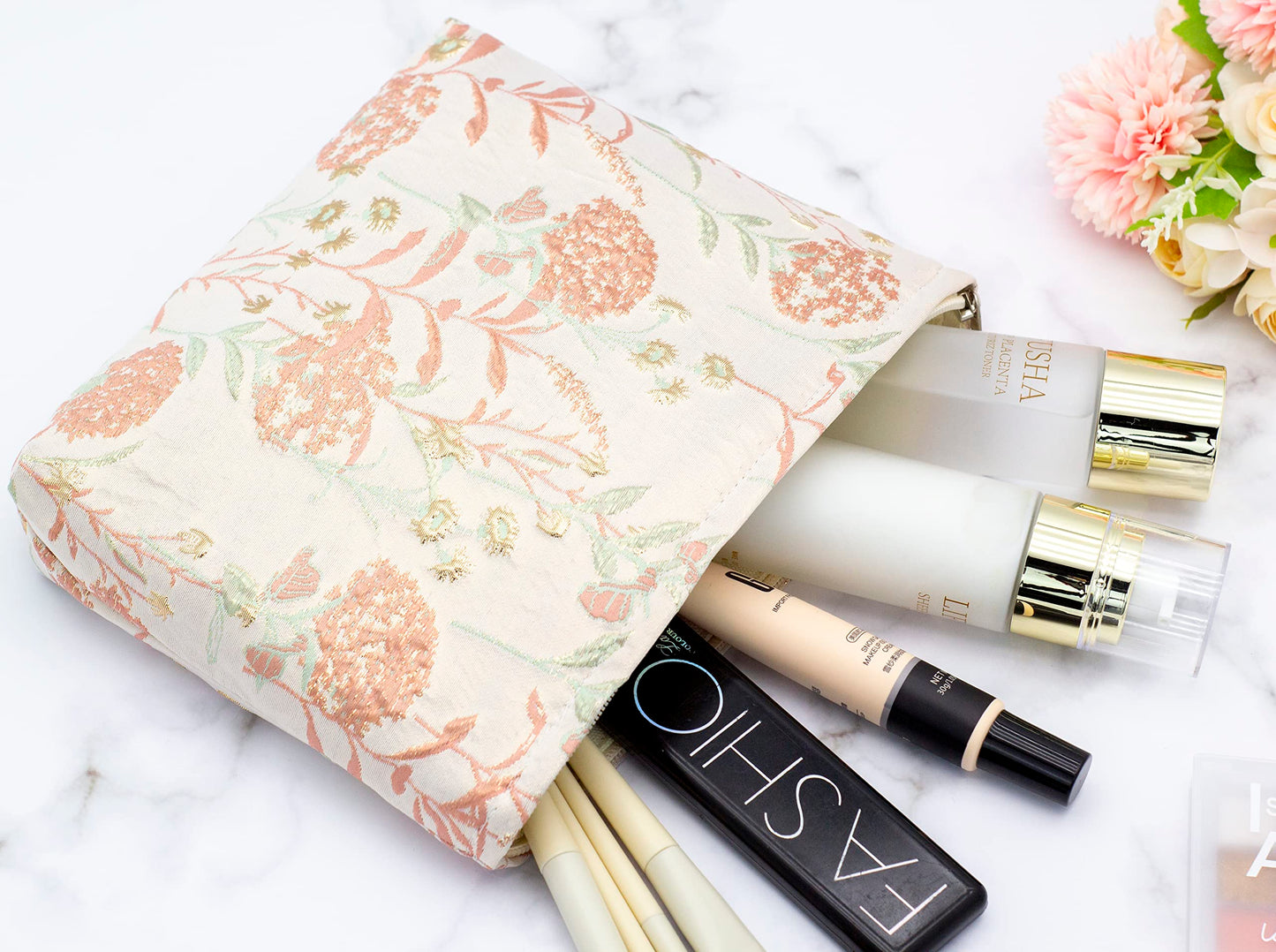 PAZIMIIK Makeup Bags for Purse Zipper Cosmetic Pouch Large Travel Canvas Make Up Organizer Tool Pouch for Women and Girls,Brocade Flower Pink