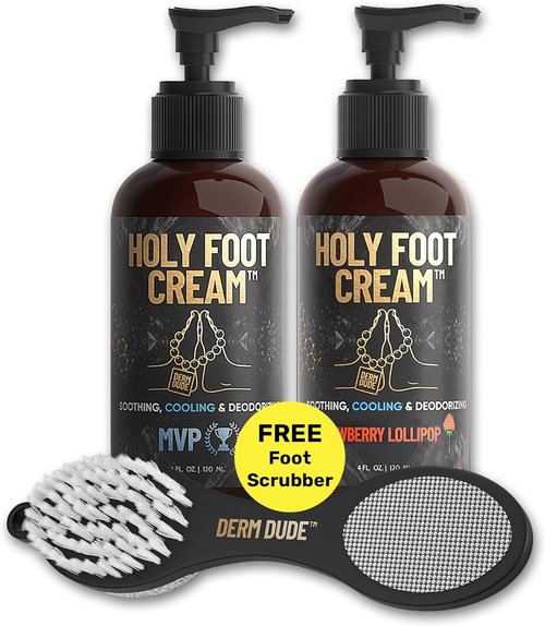 Derm Dude Holy Foot Repair Set - 2X Foot Creams & 4-in-1 Scrubber Tool with All-Natural DeoPlex for Odor Control | MPV & Strawberry