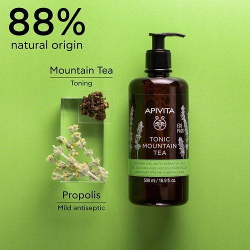 Apivita Tonic Mountain Tea Shower Gel | Gently Cleanses, Revitalizes & Preserves Moisture with Mountain Tea, Propolis & Essential Oils, 500 mL / 16.9 oz