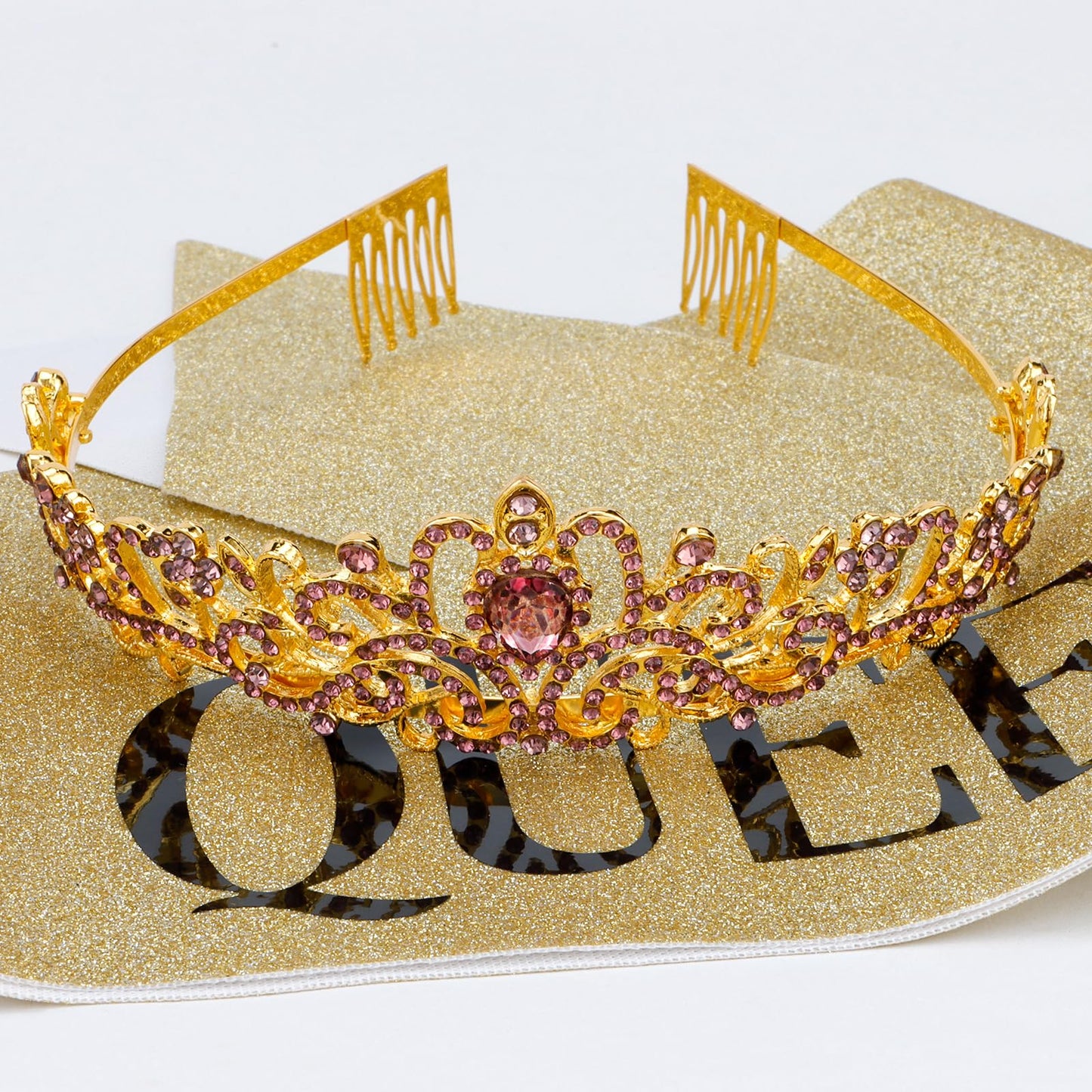 COCIDE headbands for Women Tiara Crowns for Girls (Gold with Purple Tiara+Gold Sash)