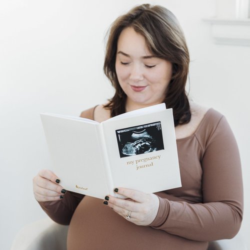Pearhead Pregnancy Journal, Linen Guided Pregnancy Memory Book with Sonogram Photo Insert, Beige