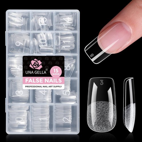 UNA GELLA Square Gel Nail Tips, 15 Sizes Medium Square Press on Nails, 300pcs Pre Etched Soft Gel Fake Nails Full Cover For Nail Extension Home DIY Nail Salon for Women