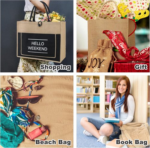 BeeGreen Jute Beach Bag - Extra Large 20'' x 16'' x 7.25'' Tote with Inner Zipper Pocket | Personalized Black Burlap Design
