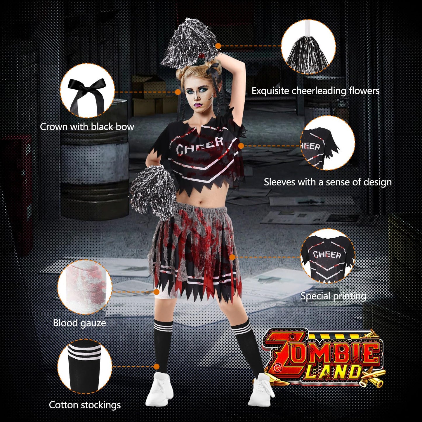 Blivergowell 7 Pieces Zombie Cheerleader Costume Women Halloween Cheerleader Outfit Set Top Skirt Hair Bow Rope Socks Pom Poms (Adult black, M)