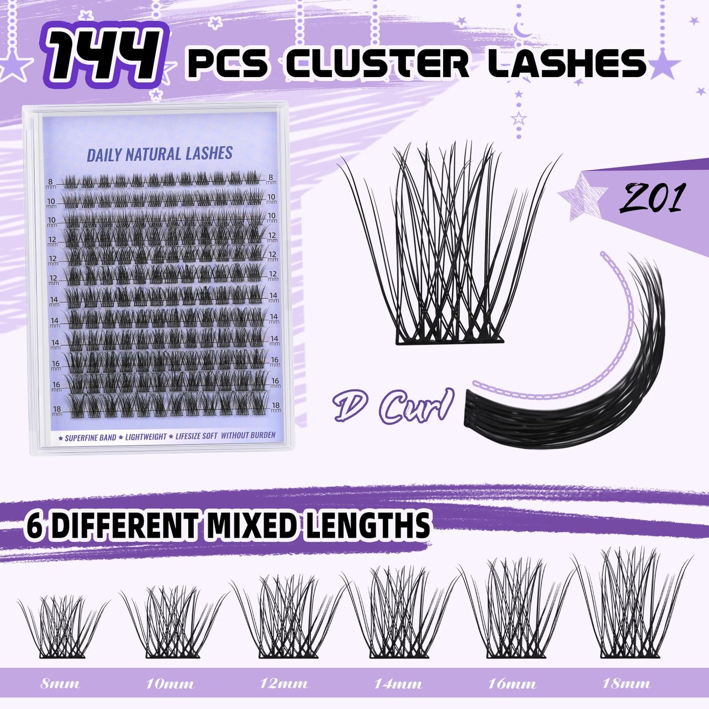 Lash Clusters Natural Cluster Eyelash Extensions 144 PCS Eyelash Clusters D Curl Z01 Individual Lashes for Beginners 8-18mm Cluster Lashes Superfine Band Eyelash Extension（Z01-D-8-18mix）