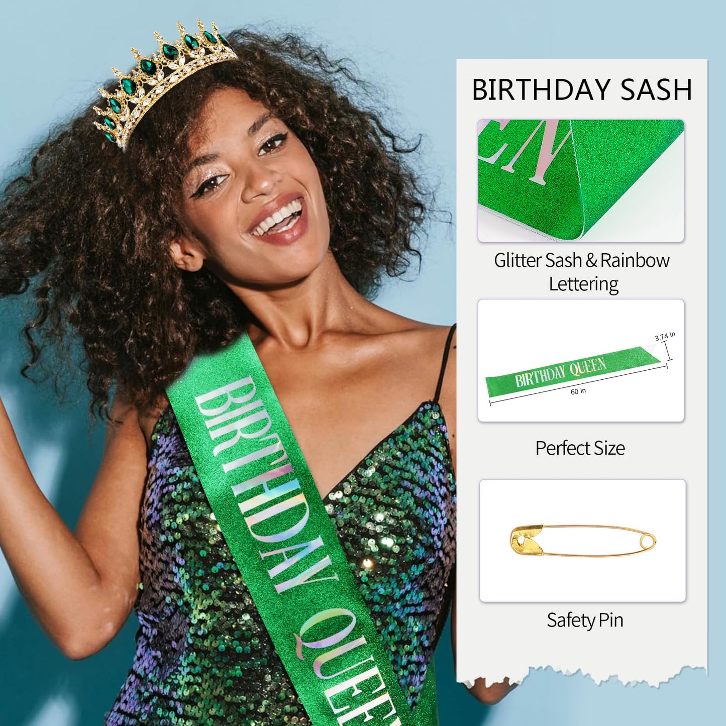 Vovii Birthday Crown & Sash Set for Women, Green Tiara & Birthday Queen Sash for Women Birthday Decorations, Happy Birthday Party Decorations for Birthday Crown Adult Woman