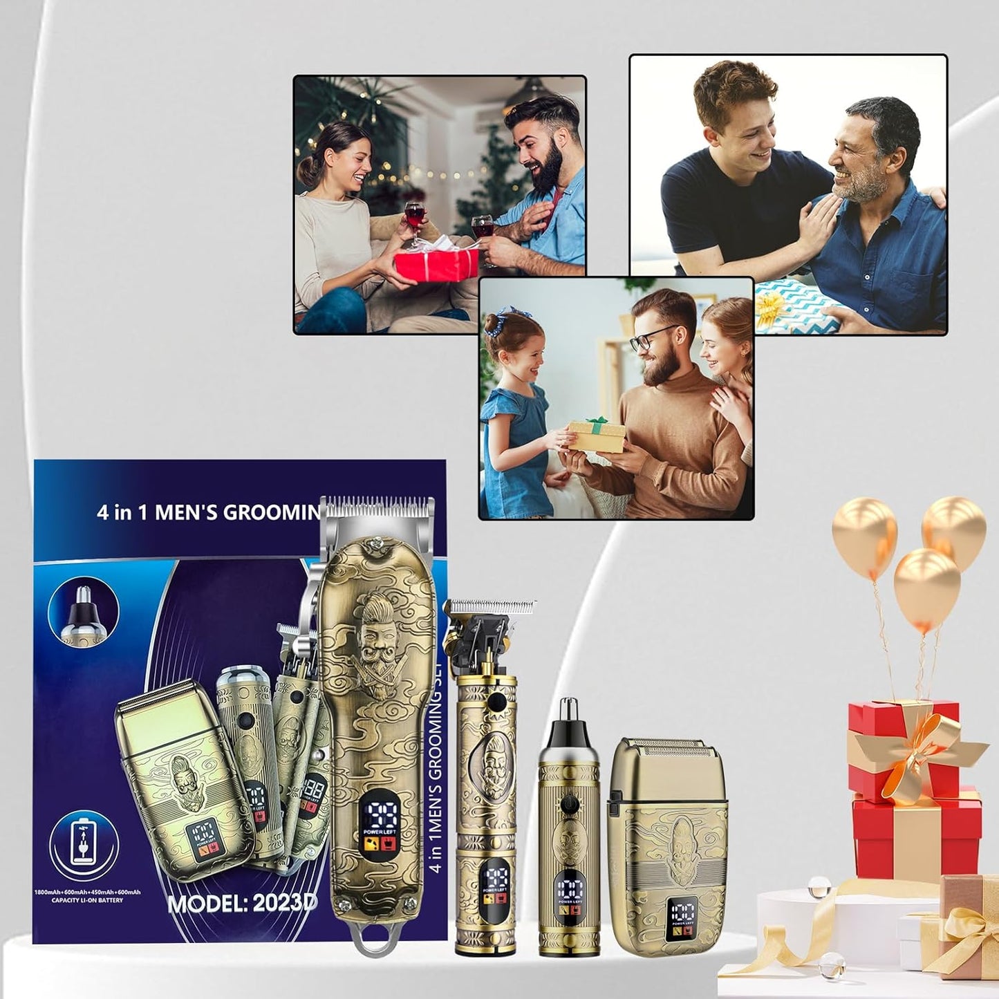 Soonsell Men's Professional Hair Clippers & Trimmer Set - T-Blade, Nose Trimmer, Foil Shaver, LCD Display (Bronze)