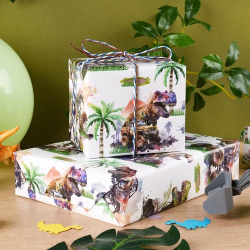 RUSPEPA Dinosaur Wrapping Paper Roll for Kids Boys, Mini Roll, Watercolor T-Rex and Monster Truck Gift Wrap Paper for Birthday, Dino Party, Adventure Celebration, 17 Inches X 16.4 Feet