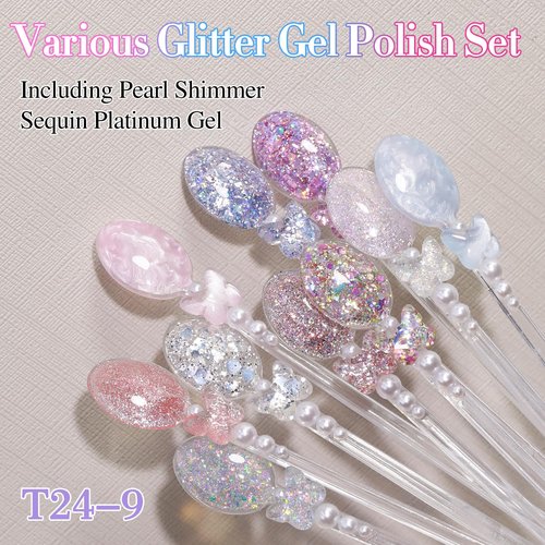 Double Rhythm 28Pcs 0.5Oz Glitter Gel Nail Polish Set Same Color Same Bottle Soak Off Kit Nail Art Manicure Salon DIY at Home (Sparkle Pearl Shimmer Collection-T24-9)