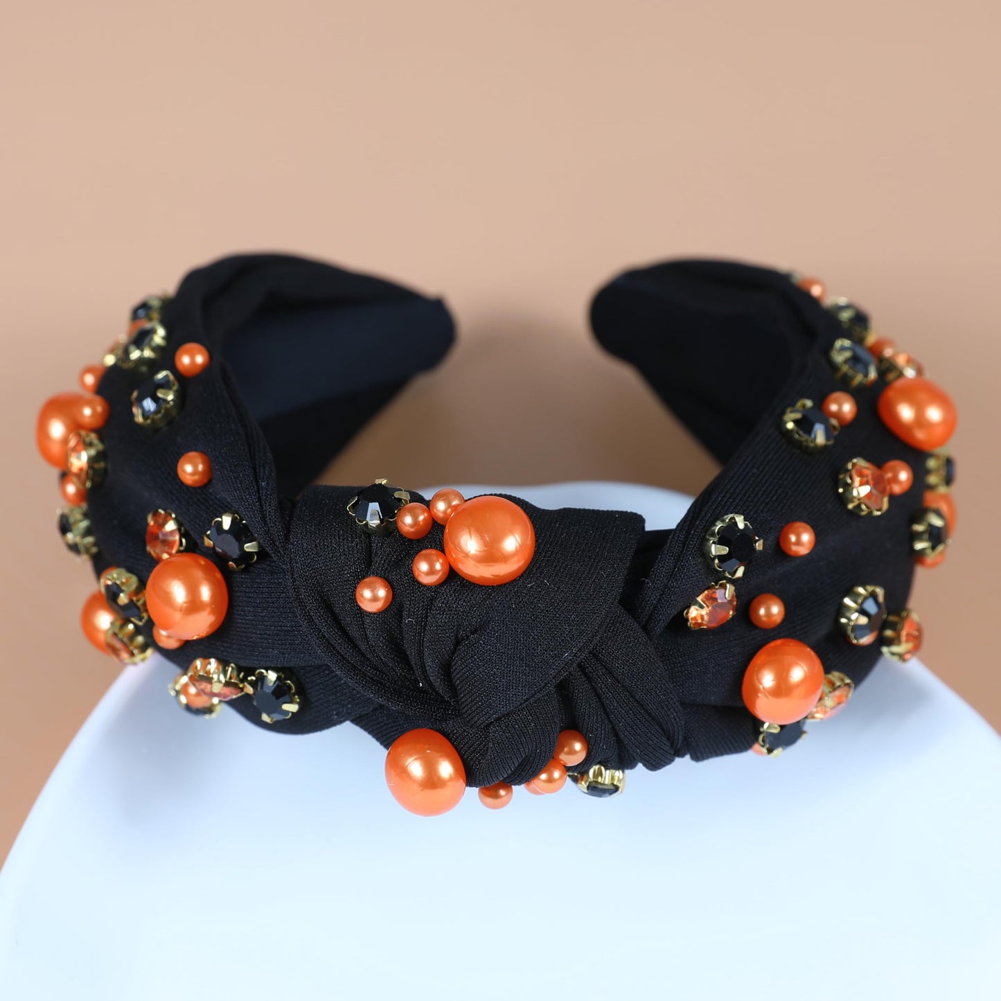 Gmmidea Halloween Pearl Knotted Headbands for Women Sparkly Beaded Crystal Embellished Headband Wide Top Knot Black Pumpkin Hairband Fancy Girls Halloween Hair Accessories Outfits