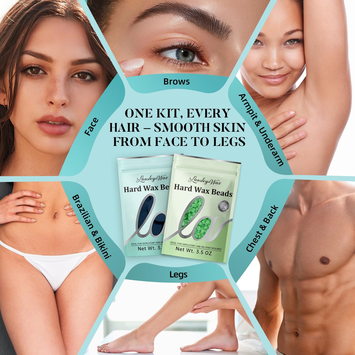 LANSLEYWAX Digital Waxing Kit for Women Men Blue-Green Wax Warmer for Hair Removal with Silicone Pot, Hard Wax Kit, Waxing Machine for Sensitive Skin Brazilian Bikini Leg Eyebrow Full Body Home Use