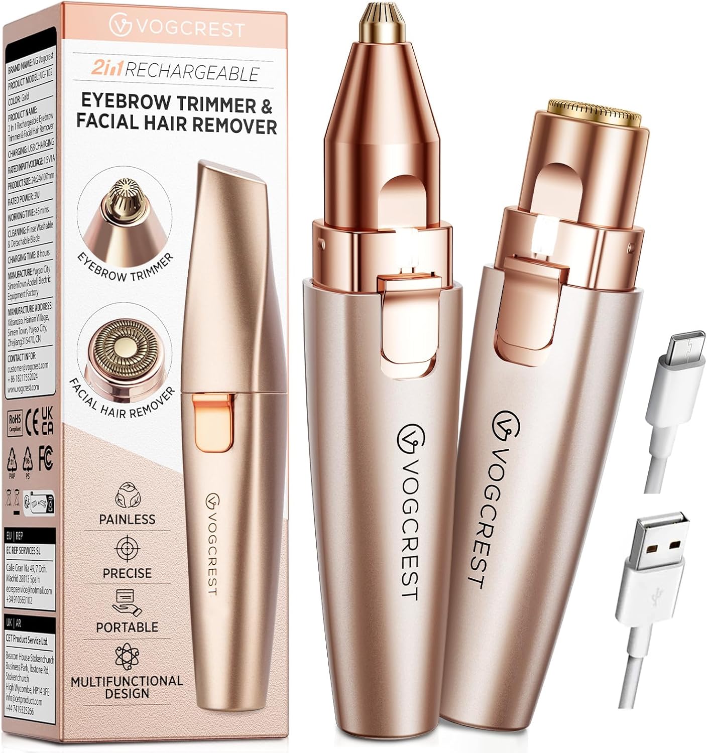 VG VOGCREST Eyebrow & Facial Trimmer - 2-in-1 Rechargeable Hair Removal & Shaver with LED Light | Rose Gold