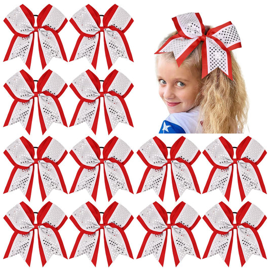 12 PCS 8" Large Glitter Cheer Bows Shiny Girl Hair Bows Ponytail Holder Sparkly Red Cheerleading Softball Team Bow Hair Accessories