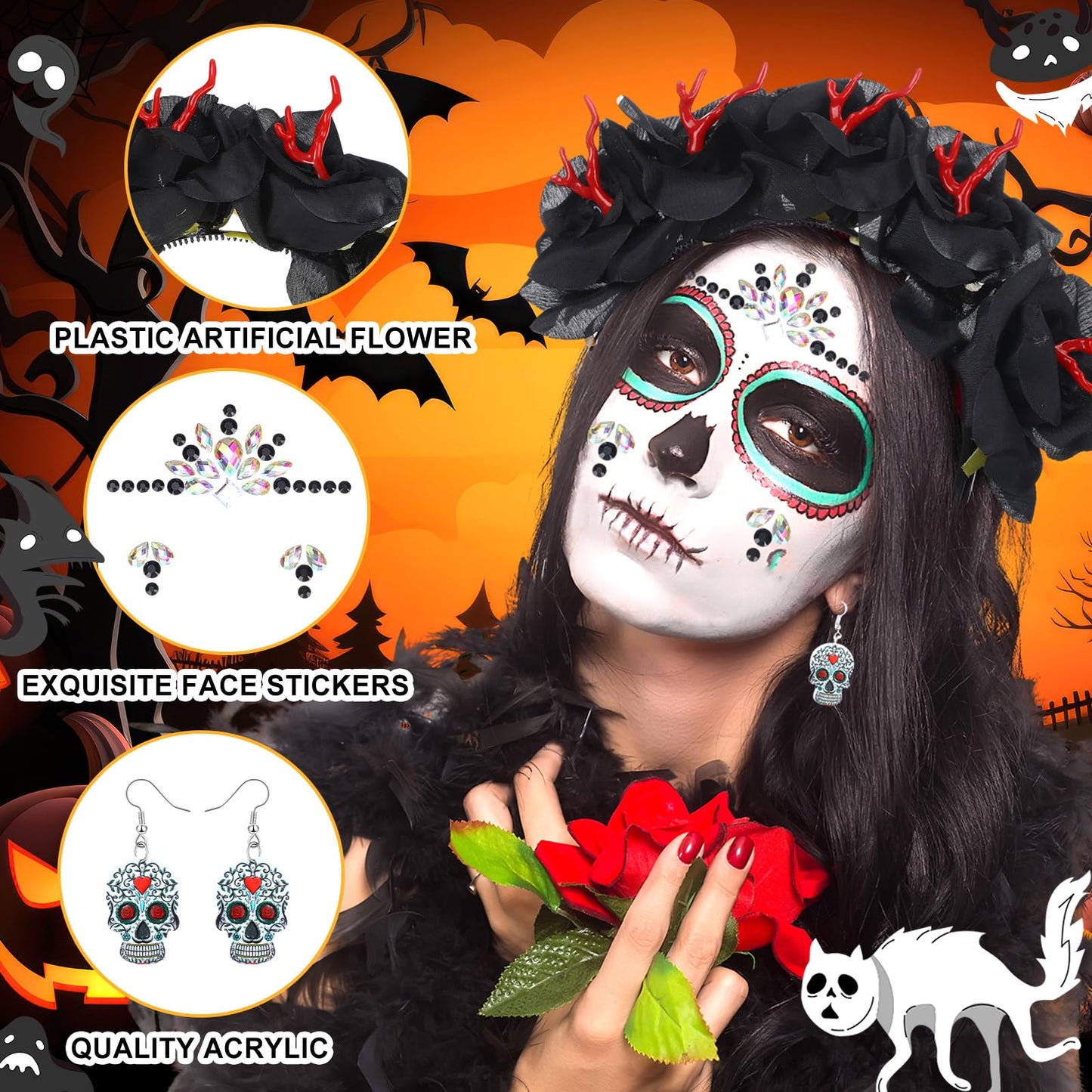 Riceshoot 3 Pcs Day of the Dead Costumes Accessories for Women Halloween Headbands Skull Earrings Gems(Black Hue)