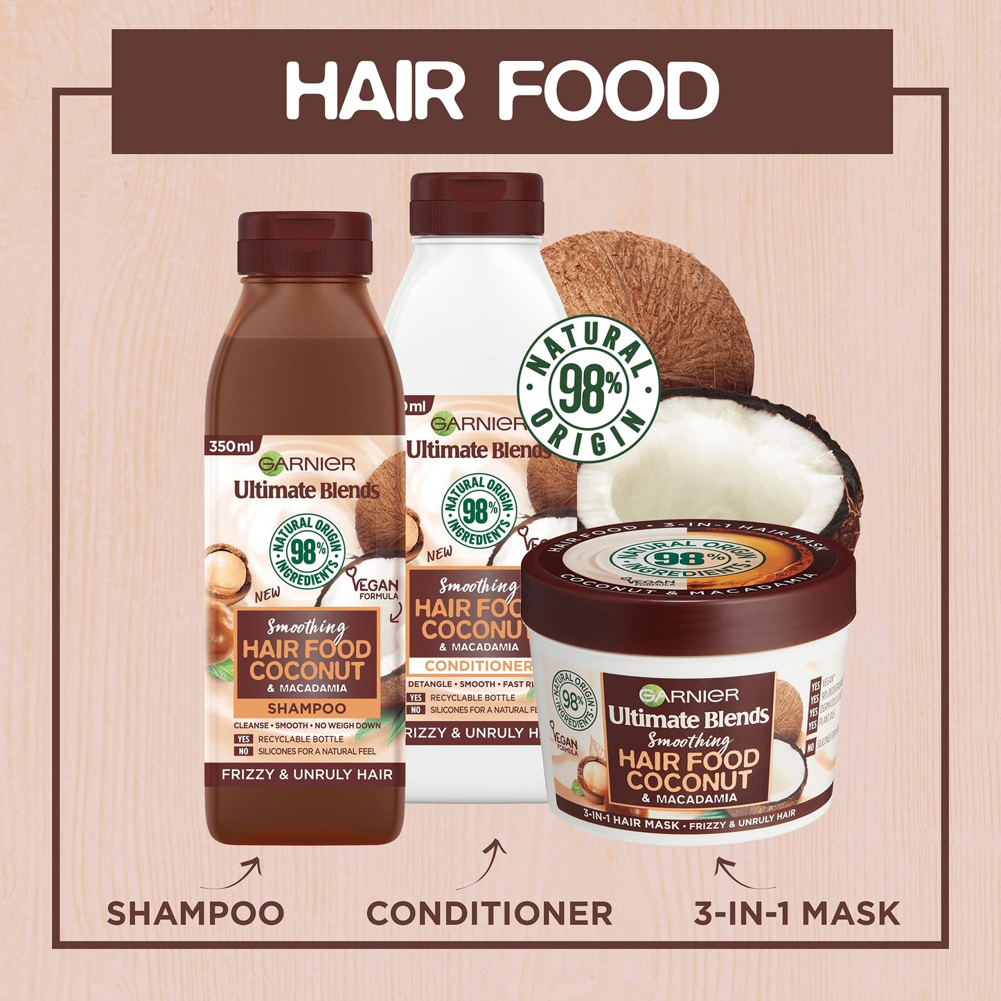 Garnier Hair Food 3-in-1 Hair Treatment Mask, Smooths and Nourishes, For Frizzy & Curly Hair, No Silicones, Vegan Formula, Coconut Oil, Ultimate Blends, 400ml (Packing and Ingredients may vary)