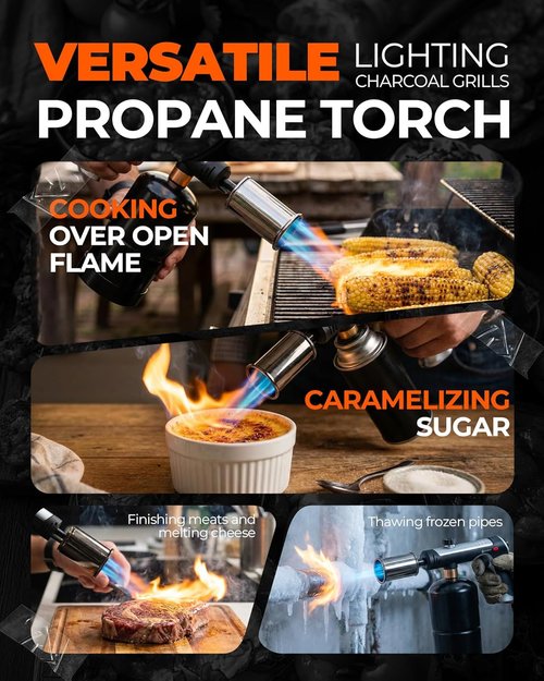 Propane Torch Head - Culinary Blow Torch with Instant Heat Button & Safety Lock | Adjustable Flame for BBQ & Kitchen Use