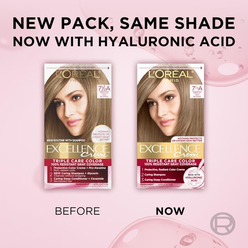 L'Oreal Paris Excellence Crème Permanent Hair Dye, Triple Care Hair Color with Hyaluronic Acid for 100% Gray Coverage, 7.5A Medium Ash Blonde, 1 Kit (Packaging May Vary)