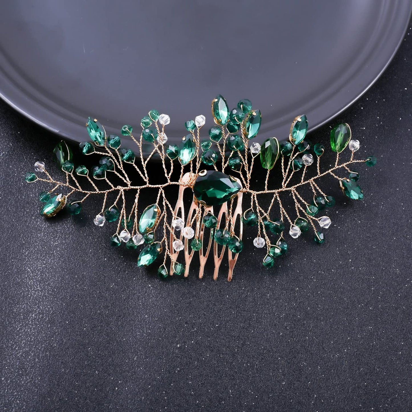 Bride Wedding Hair Accessories - Dark Green Rhinestones Crystal Bridesmaid Hair Clips Trendy Fashion Headbands Jewelry for Women and Girls