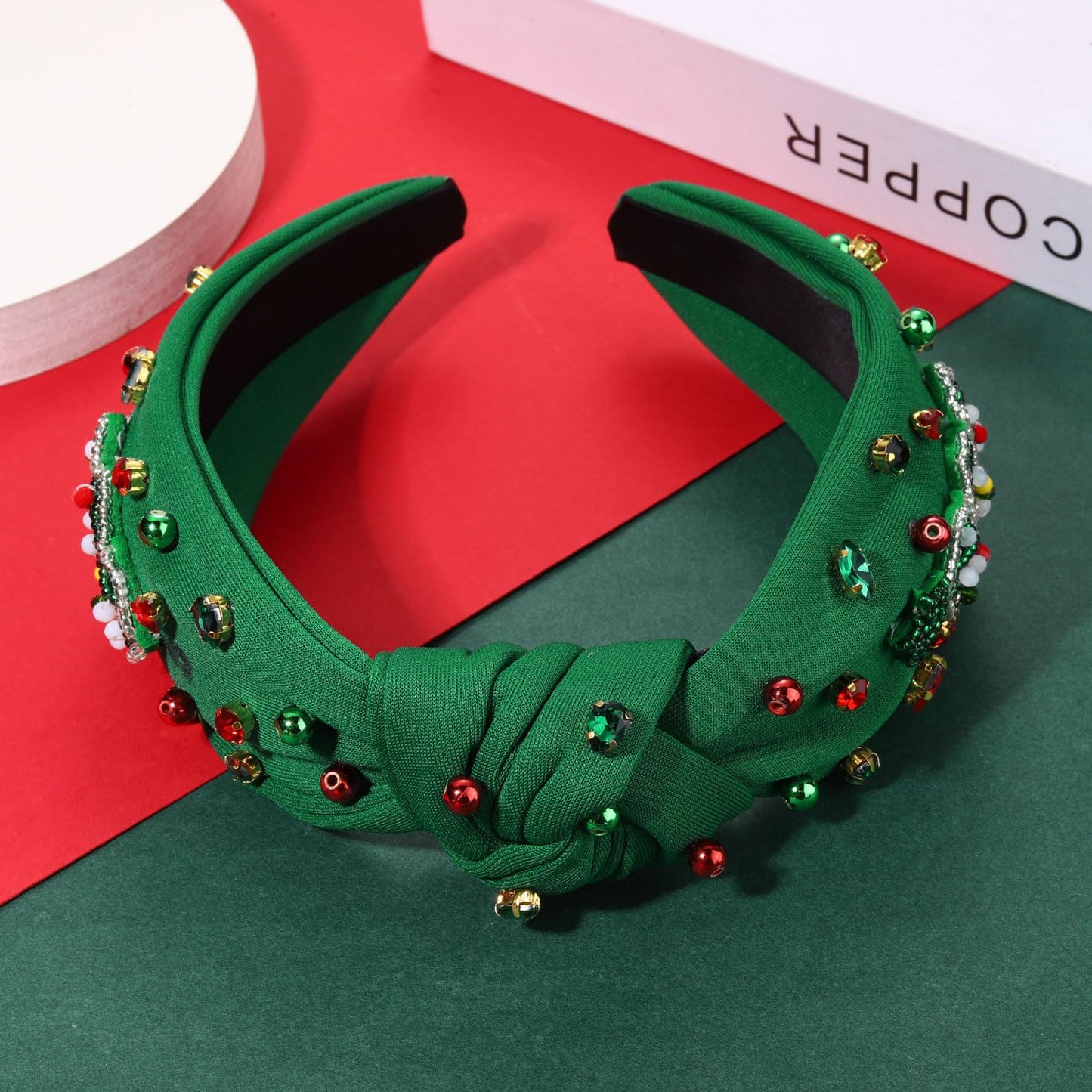 ARATLENCH Christmas Tree Headband Pearl Rhinestone Jeweled Knotted Headband Xmas Tree Beaded Earrings Winter Holiday Hair Accessories for Women Girls