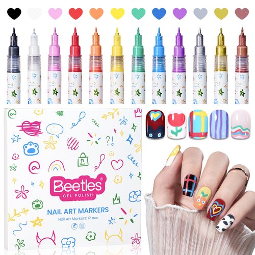 Beetles 12 Colors Nail Art Pens, 0.5mm Fine Line Nail Polish Pens Quick Air Drying Acrylic Paint Markers for Nails Art Design Painting Dotting Liner Brush, DIY Home & Salon Manicure Tools