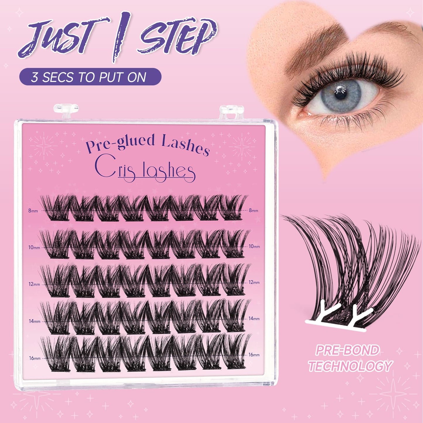 Crislashes Self Adhesive Eyelashes, 40pcs Pre-glued Lash Clusters Kit, Mix8-16mm D Curl Cluster Lashes Kit with Non-stick Tweezer, Reusable No Glue Needed Easy to Use (Fluttery 01)