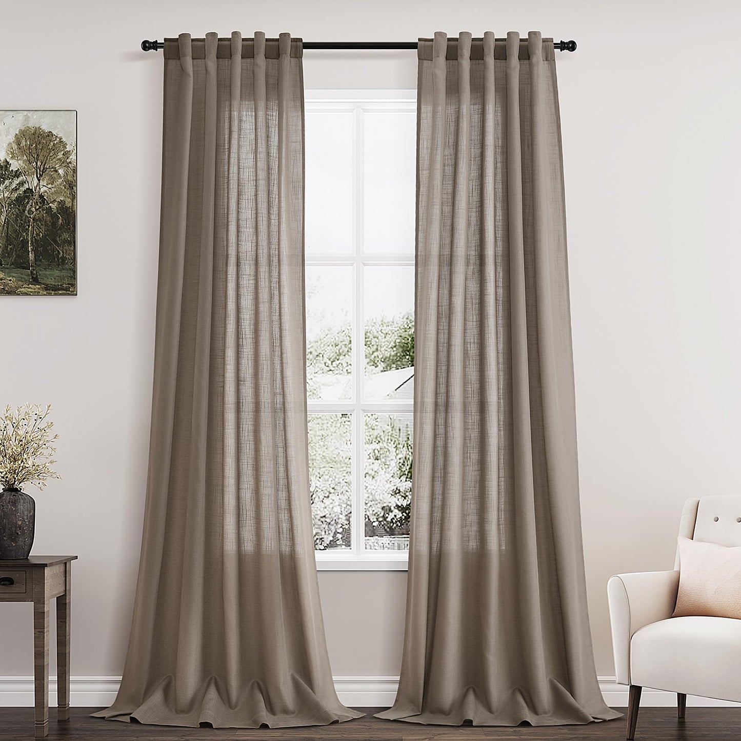 Nanspring Natural Linen Curtains for Kitchen Windows Over Sink - Cafe Curtain Semi Sheer with Rod Pocket and Back Tab Lightweight Rustic Textured Bistro Curtains for Bathroom, 2 Panels 25 x 24 Inch