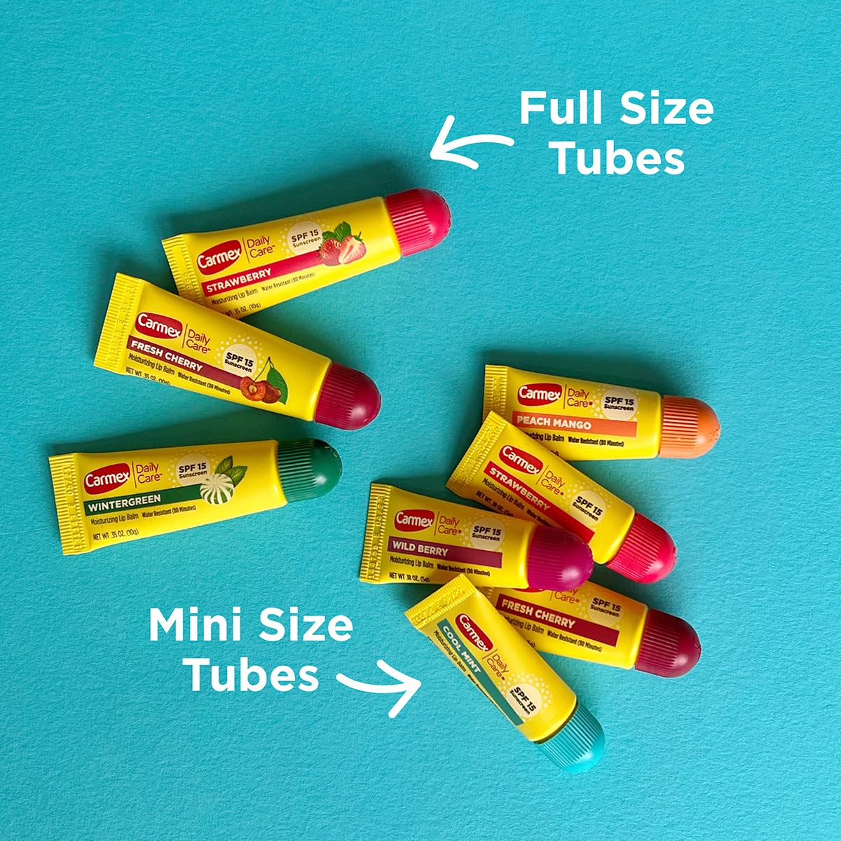 Carmex Moisturizing Lip Balm Pack - SPF 15 Multi-Flavor Variety | 8 Count (3 Tubes & 5 Mini Tubes)