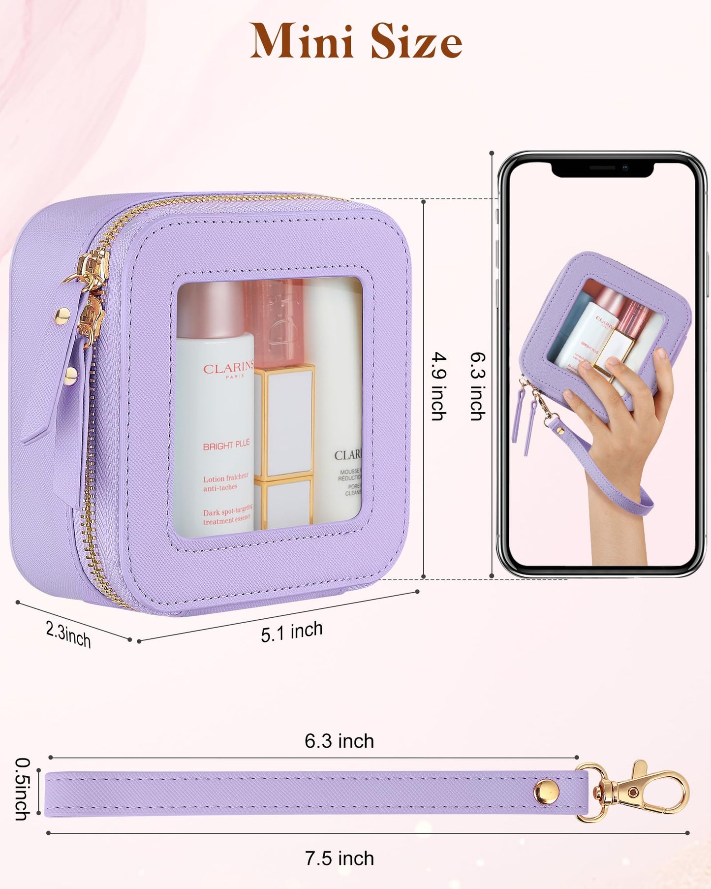 XUGUXA Clear Makeup Bag | Mini Makeup Bag | Small Makeup Bag/Small Cosmetic Bag for Purse | Cute Leather Makeup Pouch | Purse Organizer | Car Travel Purse Essentials for Women (Purple Mini)