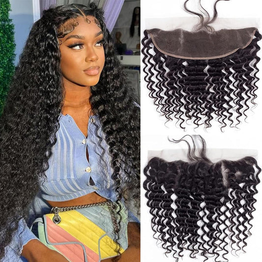 Lace Frontal Closure Deep Wave 13x4 Ear to Ear Frontal HD Lace 8 Inch Brazilian Curly HD Lace Frontal Closure Virgin Human Hair Pre Plucked with Baby Hair 150% Density Natural Black Color