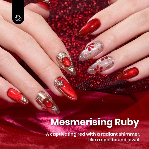 beetles Gel Polish Ruby Red Cat Eye Gel Nail Polish - 15ML Red Cat Eye Glitter Gel Polish Magnetic Shimmer Effect Soak Off UV French Nail Art Design Salon DIY Manicure Gifts for Women
