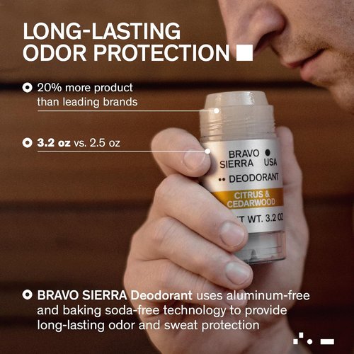 Bravo Sierra Aluminum-Free Deodorant for Men - Natural Citrus & Cedarwood, 2-Pack | Long-Lasting Odor Protection, 3.2 oz