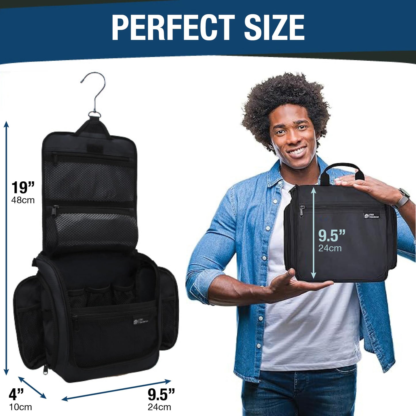 D&D Hanging Travel Toiletry Bag for Men and Women – Cosmetics, Makeup and Toiletries Organizer Kit with 10 Compartments, XXL Metal Swivel Hook, Water-Resistant Nylon