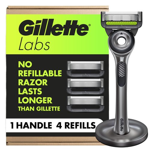 GilletteLabs Men's Shaving Razor with Exfoliating Bar, 1 Handle, 4 Blade Refills, Magnetic Stand