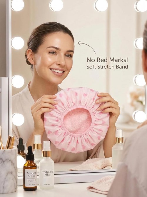 Auban Shower Cap - Reusable Double Layer Waterproof Terry Cloth Lined | Large Pink Bath Hair Cap