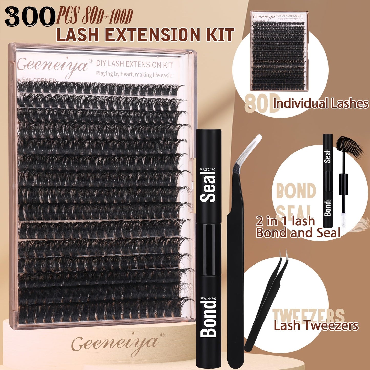 Geeneiya Volume Lash Clusters Kit DIY Lash Extension Kit D Curl Eyelash Extensions with Waterproof Lash Bond and Seal Waterproof Tweezers,10-14mm Eye Corner Eyelashes and 16-18MM Cluster Lashes 300Pcs