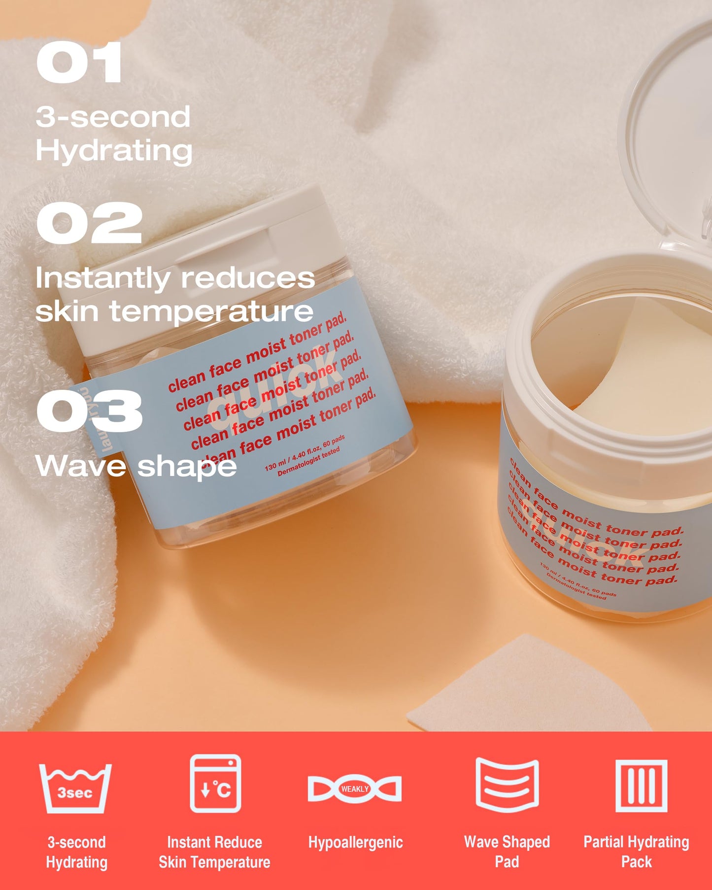 LAUNDRYOU Clean Face Moist Toner Pad Quick - Hydrating Toner Pads for Face, Moisturizing, Cooling, Soothing Spot Mask Sheet, Alcohol-Free Hypoallergenic Multi Pad, 60 Pads