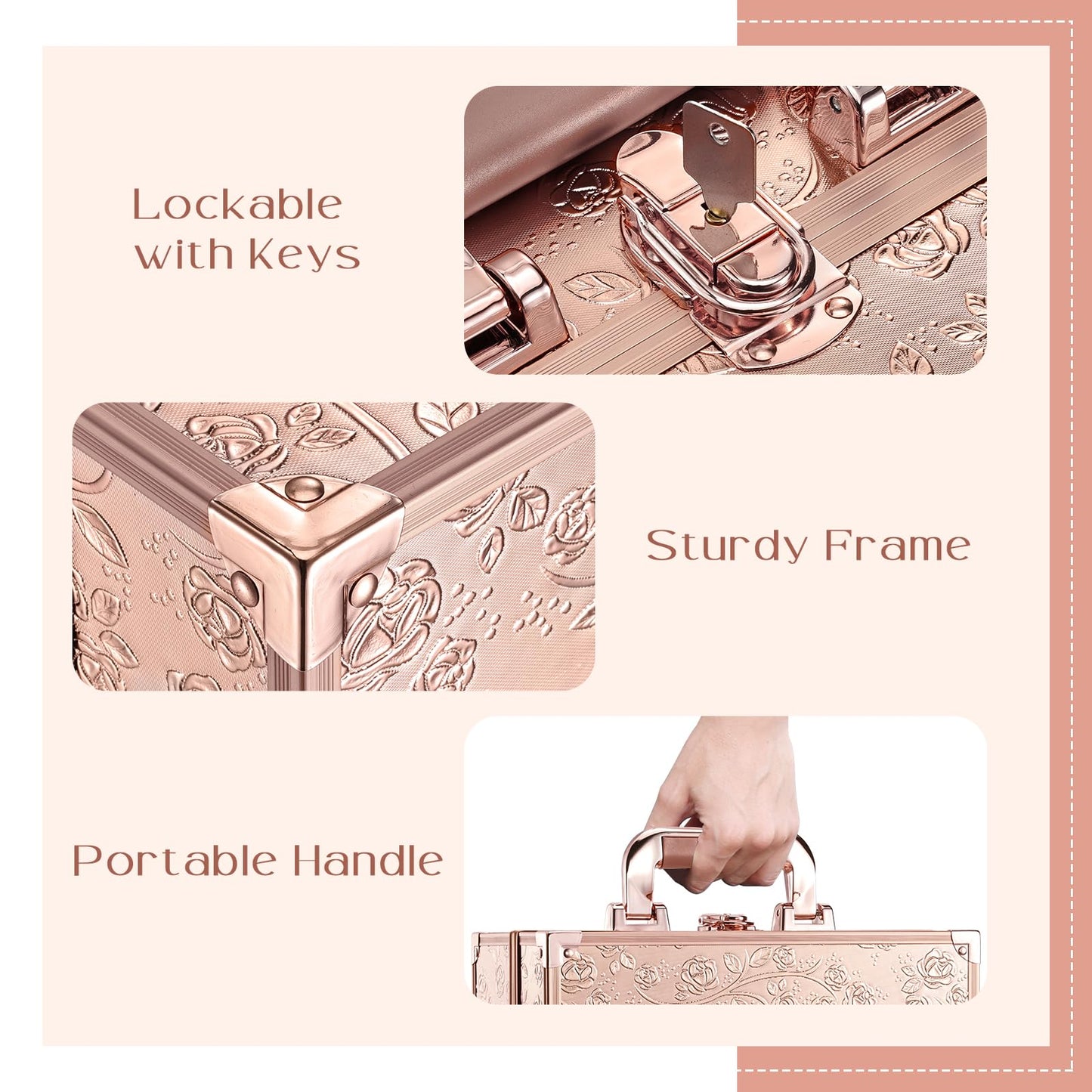 FRENESSA Makeup Train Case 11.8 Inch Extra Large Makeup Organizer Case 3 Trays with Mirror Cosmetic Travel Storage Box for Makeup Artist Nail Art Tech Sewing Supplies Travel Case Rose Gold Floral