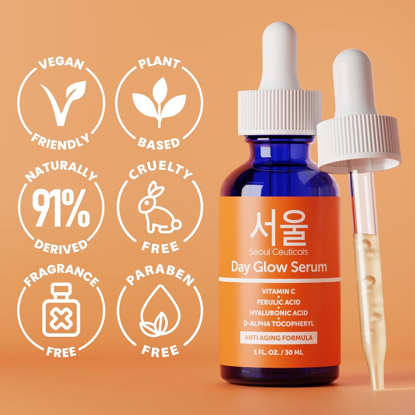 SeoulCeuticals 20% Vitamin C Serum | Hyaluronic Acid & CE Ferulic Acid for Anti-Aging - 1oz
