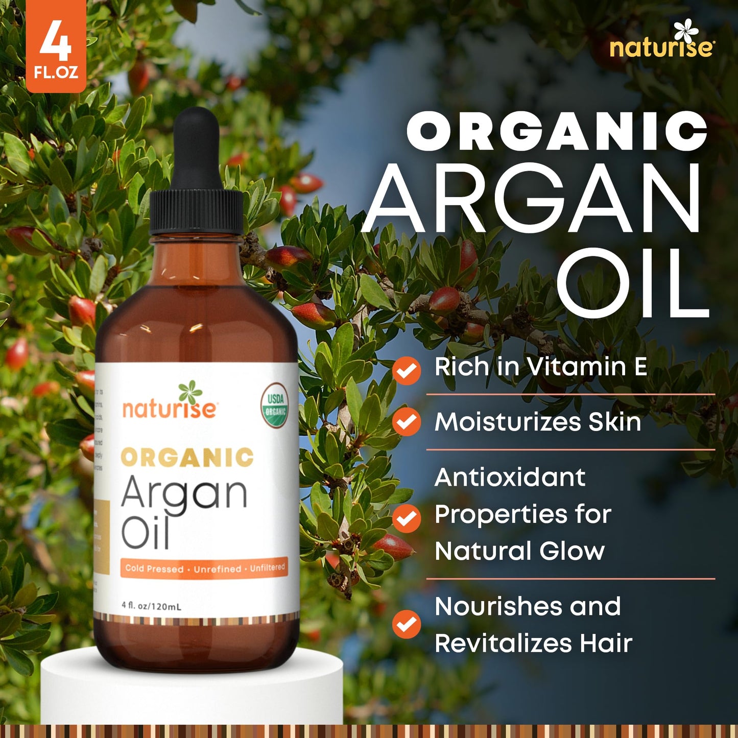 Naturise Organic Argan Oil - Organic Argan Oil Cold Pressed Argan Oil of Morocco - Vegan Non-GMO Gluten Free Argan Oil for Hair Growth and Skin Moisture - 100% Pure Moroccan Oil Hair Oil (4 FL. OZ.)