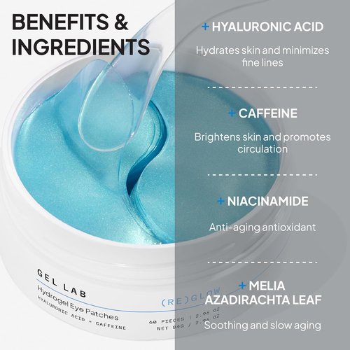 Gel Lab REGLOW Hyaluronic Acid & Caffeine Eye Patches - Hydrating Treatment for Puffy Eyes & Dark Circles | 60 Patches