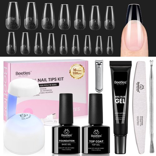 Beetles Gel Nail Kit Flat-X, Coffin Medium, 320pcs 16 Sizes Nail tips, with 15g Nail Glue Gel Hands-Free, 7.5ml Base Gel & Top Coat, Mini Lamp, for Acrylic Press On Nail, Extension DIY Set at Home