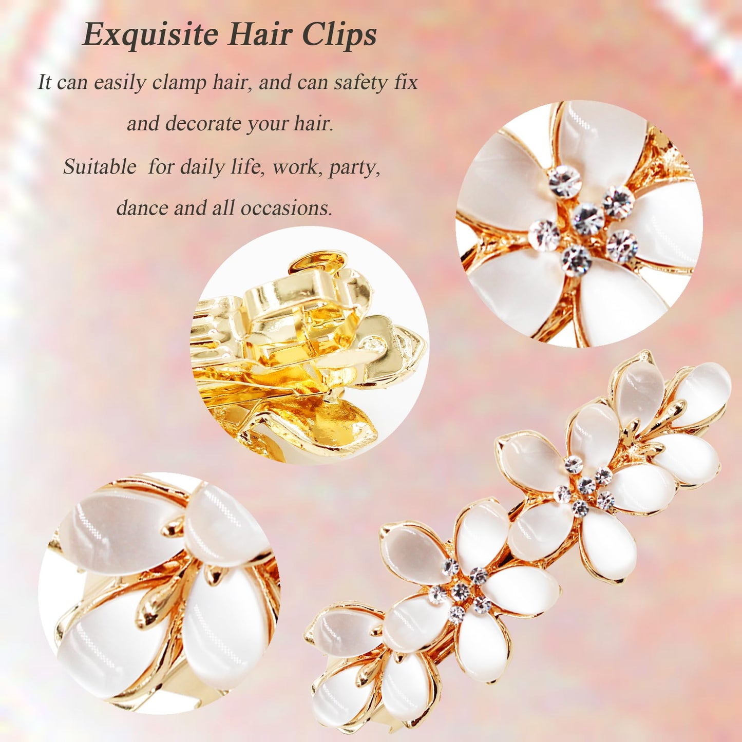 Jakeni Women's Flower Hair Clips with Rhinestones, Opal and Pearls - Elegant Hair Pins and Accessories for Thick Hair