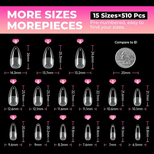 UNA GELLA Almond Nail Tips: 510Pcs Almond Gel Nails Tips 15 Sizes Pre-Etched Full Cover Almond Clear Press on Nails Acrylic False No C Curve Nail Tips for Press on Nail Extensions Home DIY Salon