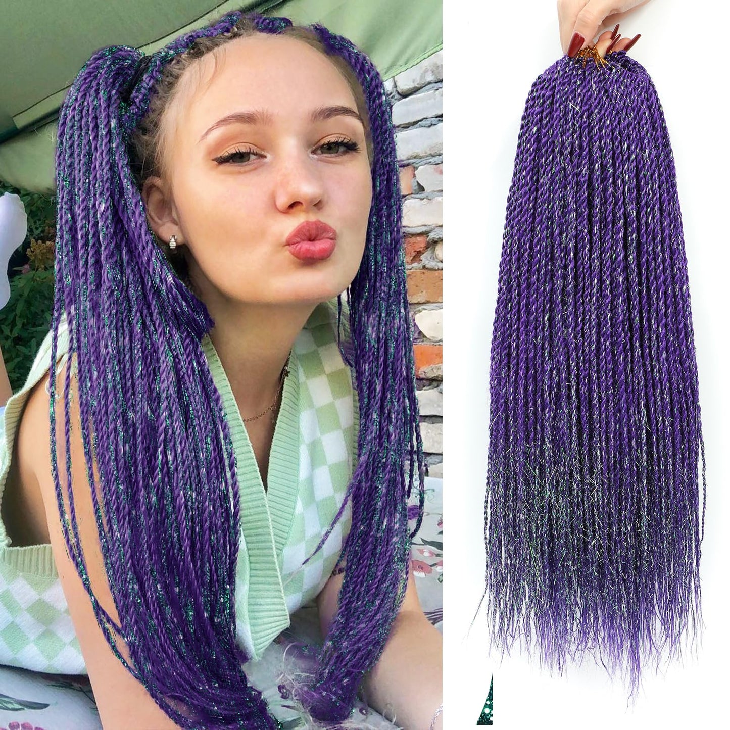 NAYOO Senegalese Twist Crochet Hair for Black Women, 8 Packs 18 Inch Purple Crochet Hair with Green Tinsel for Chrismas Party, 35 Strands/Pack Small Twist Crochet Braids Hair Hot Water Setting