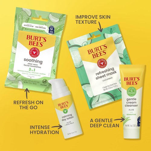 Burt's Bees Gentle Skin Care To-Go Set - Travel Size Cleanser, Towelettes, Lotion & Sheet Mask for Sensitive Skin