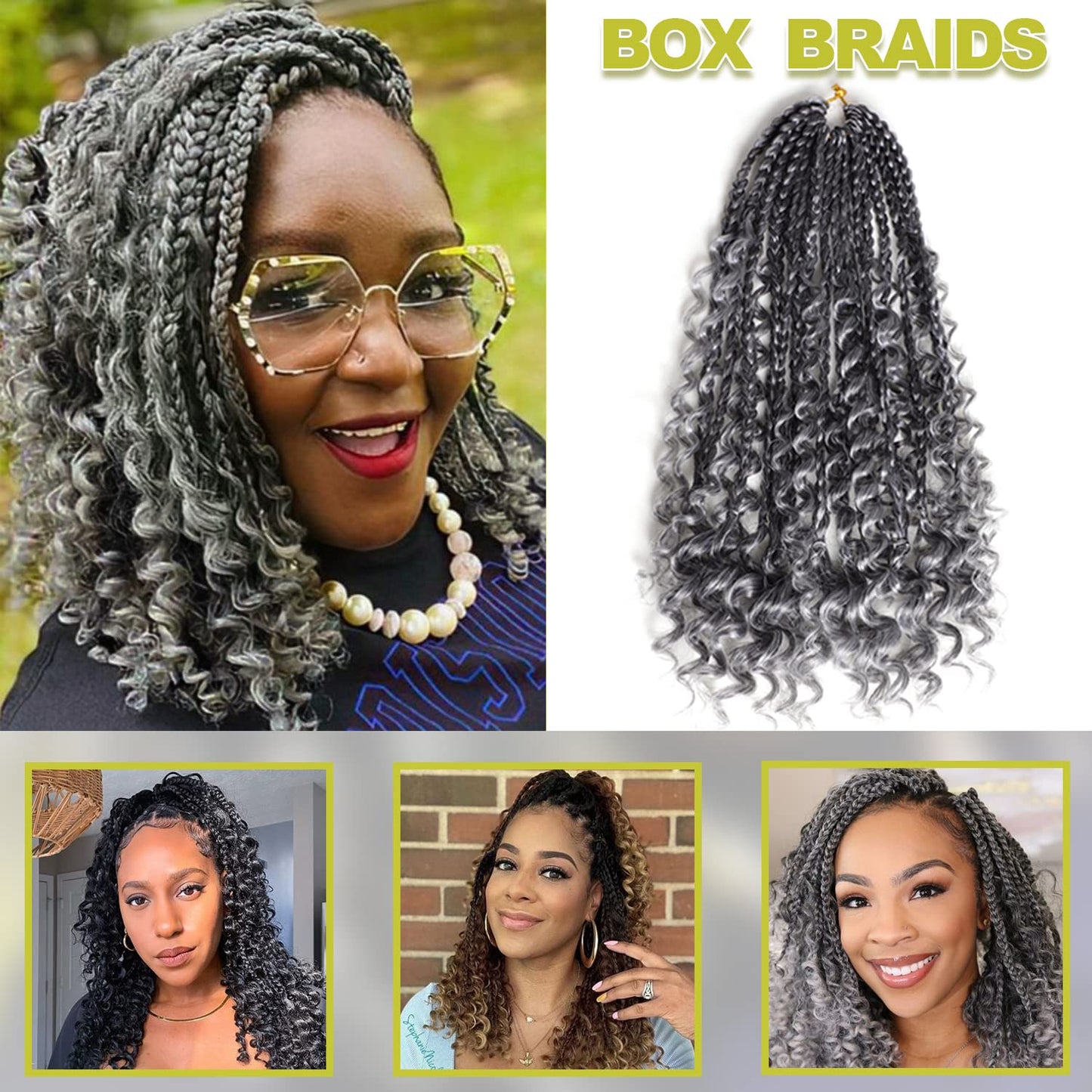 Grey Crochet Hair for Black Women 14 Inch 7 Packs Boho Box Braids Crochet Hair Pre Twisted Twist Crochet Hair Synthetic Crochet Hair with Curly Ends Goddess Braiding Hair(14 Inch, 7Packs, Gray)